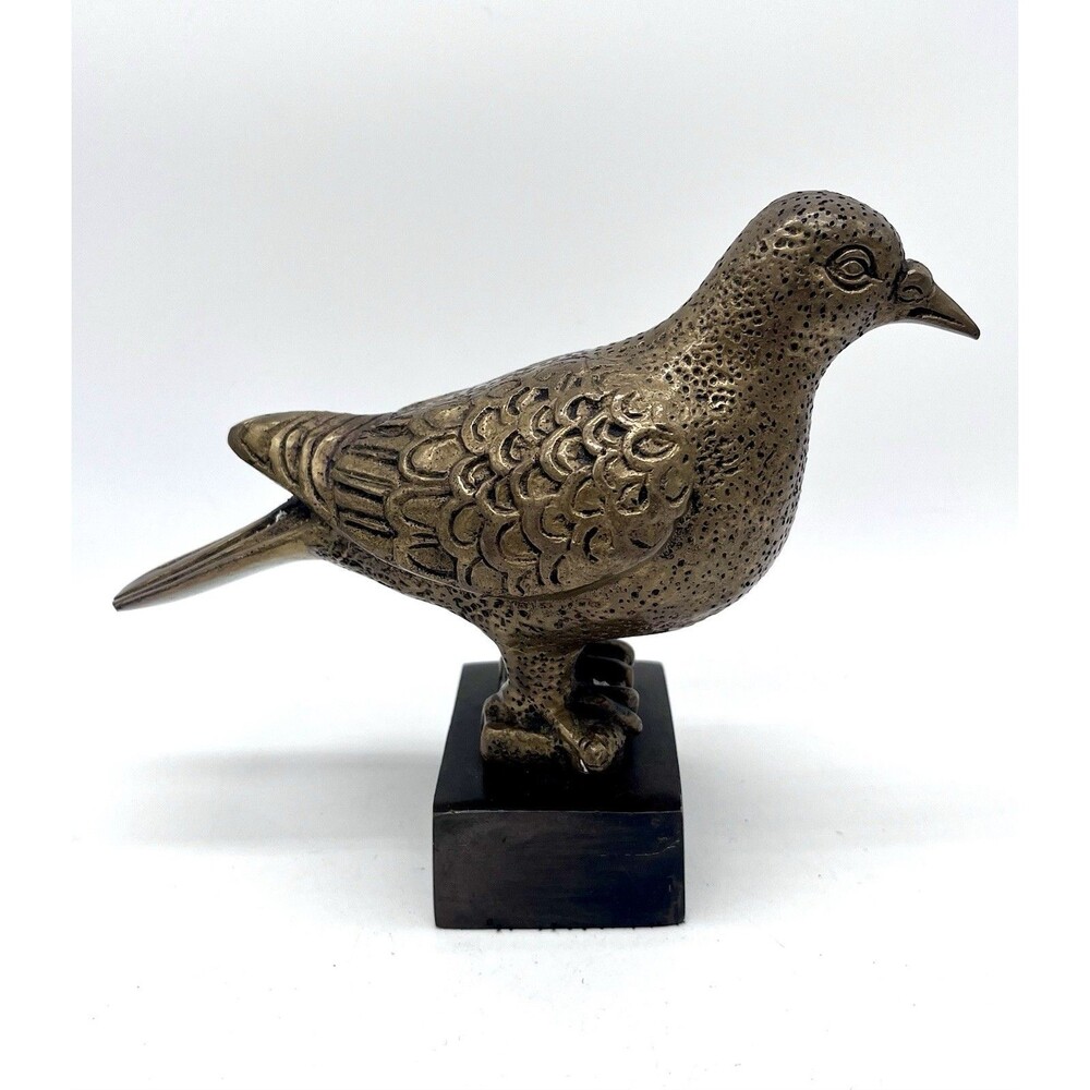 Vintage Bird Sculpture Cast Brass Bronze Statue Wood Base